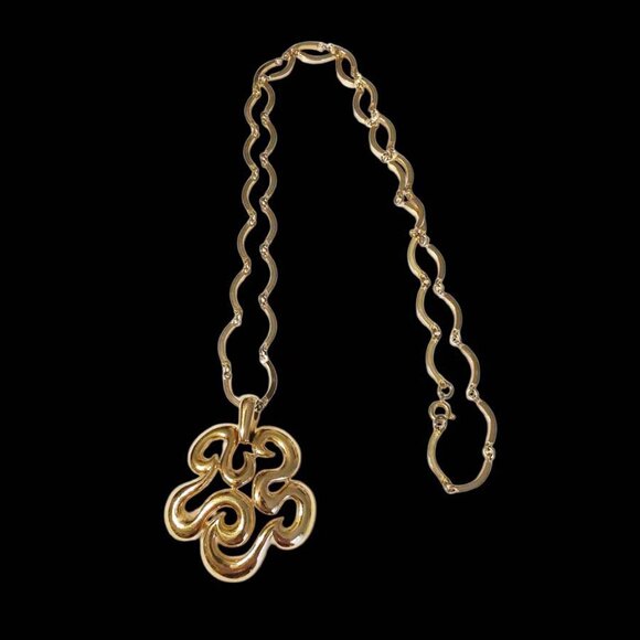Vintage Flower Pendant Wave Link Chain Necklace - Picture 1 of 6